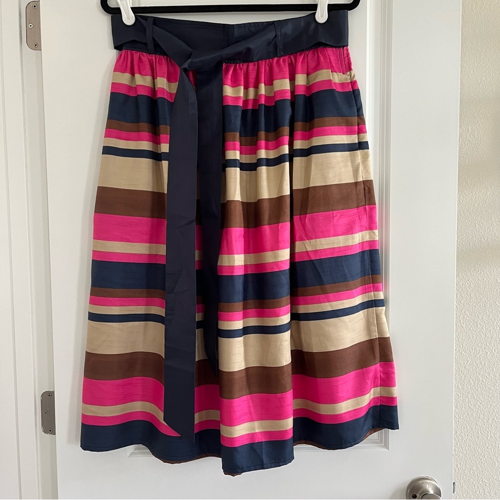 eshakti Navy, Hot Pink, Brown & Cream Striped Midi Skirt